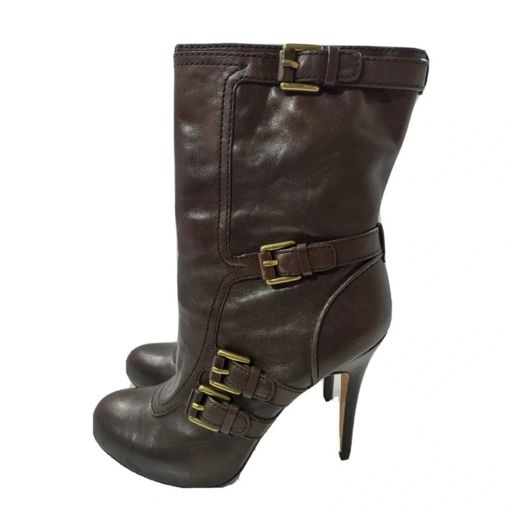 COACH Marsha Mid-Calf Chestnut Brown Leather High Heel Boots Women's Size 8 - Picture 3 of 8